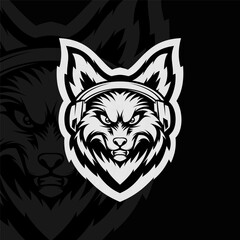 Angry wolf with headphone mascot animal esport character logo design, black white