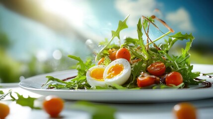 Elegant salad presentation with arugula, quail eggs, cherry tomatoes, asparagus, and a balsamic glaze in sunlight.
