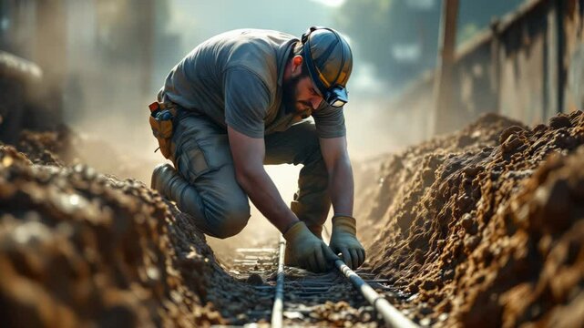 Muscular worker digging trench in dusty sunlight on construction site. Concept of manual labor and effort