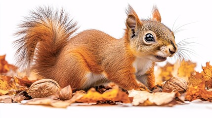 Obraz premium Adorable Red Squirrel amidst Autumn Leaves and Walnuts
