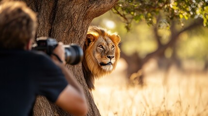 Wildlife photographer capturing a lion in savanna.