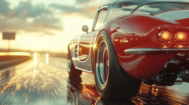 Red car on wet road at sunset with blurred background.