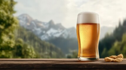 Refreshing Glass of Beer Next to Rustic Bread on a Wooden Table Setting