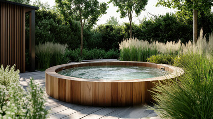 Wooden Hot Tub in a Luxurious Garden Setting