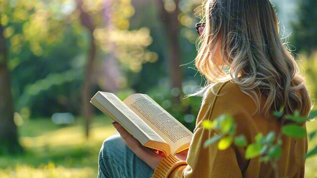 Young blonde caucasian woman in yellow sweater reading book outdoors in park with sunlight and trees around. Concept of mindful leisure, slow living, morning routine and connection to nature