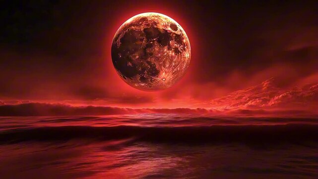 Fantasy red planet landscape with big moon rising over dark red ocean, alien world, red sky and clouds