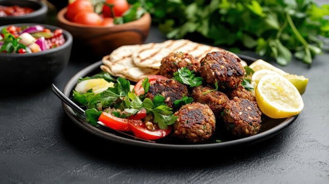 Delicious Plate of Grilled Meat and Fresh Vegetables with Tasty Pitza