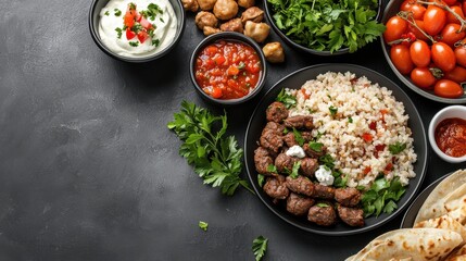 Delicious Table Spread Featuring Rice Meat Vegetables and Pizzas for Feast