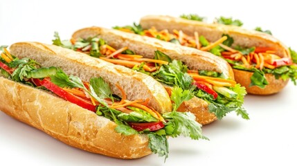 Assorted Vietnamese b&Atilde;&iexcl;nh m&Atilde;&not; sandwiches with fresh vegetables on white background.