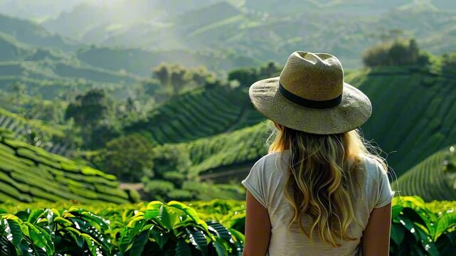 Blonde caucasian woman in hat watching mountain tea or coffee plantations with sunlight rays and mist in the distance. Concept of nature tourism and rural escape