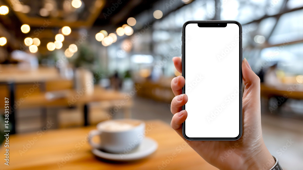 Poster modern smartphone in hand with blank screen in trendy cafe setting with warm lighting : generative a