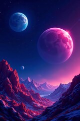 Surreal space scene with vibrant pink and blue planets against a dark starry sky, surreal, vibrant