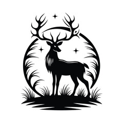 Deer Silhouette Standing in Grass with Antlers and Stars in a Circular Design