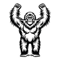 Black Silhouette of an Ape Standing with Arms Raised High, Furry Body and Smiling Face