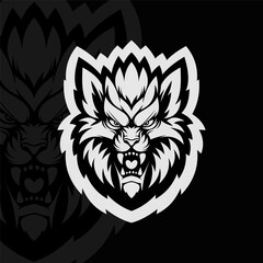Angry lion mascot character logo design, black white