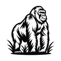 Obraz premium Strong Gorilla Standing in Grass, Monochrome Silhouette | Wildlife Animal Design