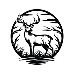 Elegant Black Silhouette Majestic Stag with Antlers Framed by Circular Forest