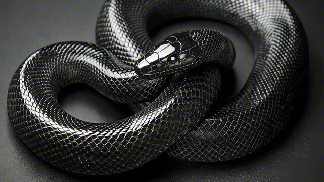 Shiny black snake coiled on a dark background, creating a mesmerizing and mysterious scene