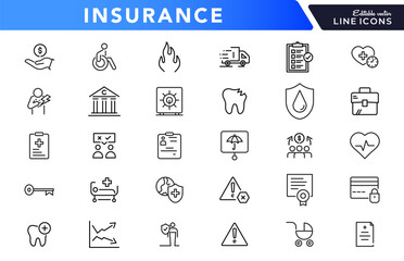 Insurance line icon set. Employe benefits, secure life, car accident, health, bank, property, coverage, security, guarantee, assurance, indemnity outline icon collection. UI thin outline icon pack