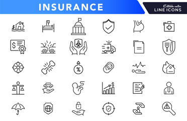 Insurance line icon set. Employe benefits, secure life, car accident, health, bank, property, coverage, security, guarantee, assurance, indemnity outline icon collection. UI thin outline icon pack
