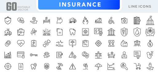 Insurance line icon set. Employe benefits, secure life, car accident, health, bank, property, coverage, security, guarantee, assurance, indemnity outline icon collection. UI thin outline icon pack
