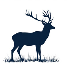Elegant Deer Silhouette in Navy Blue Standing on Grass,, Elegant Deer Silhouette on Navy Background
