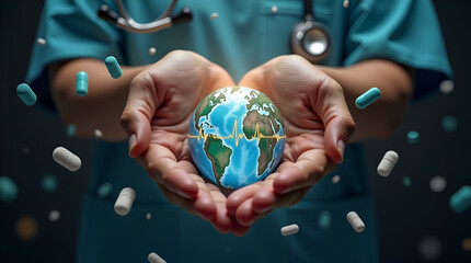 Nursing Hands of Care – Heart Shape Holding Medical Tools and Glowing Globe with ECG Pulse, International Nurses Day, Workers day