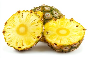 Fresh pineapple slices, displaying vibrant yellow flesh and green exterior
