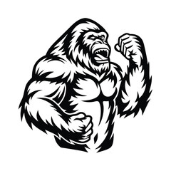 Aggressive Gorilla Silhouette, Powerful Primate, Muscular Arms, Roaring, Black and White