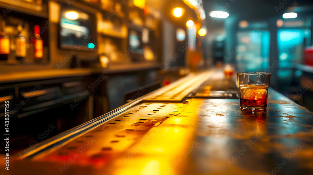 Poster stylish bar scene with a glass of whiskey on a wooden counter and warm ambient lighting : generative