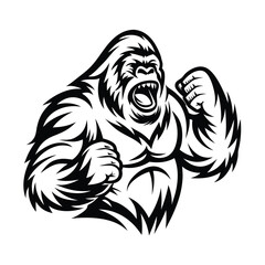 Obraz premium Black & White Gorilla with Raised Fists, Roaring Aggressively Animal