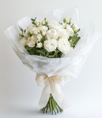 Elegant white bouquet wrapped in delicate paper