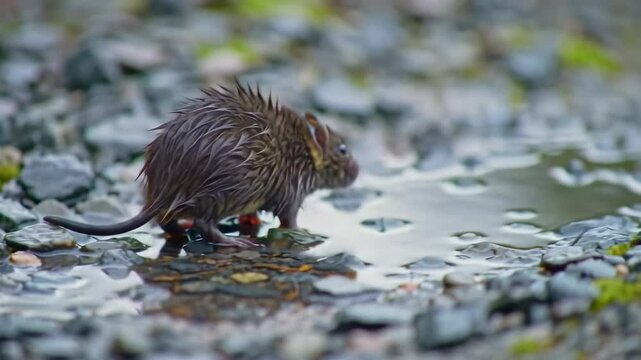 A small, wet vole stands on pebbles near a puddle, surrounded by a blurred natural backdrop