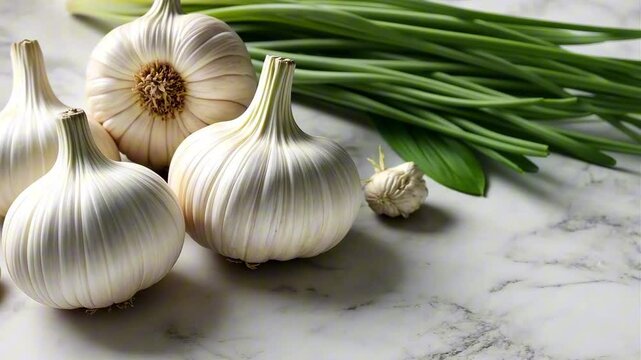 Close-up of freshly harvested garlic bulbs drying, showcasing their white color and green stems 