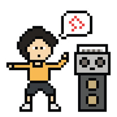 Cute cartoon pixel character cute man exercises training aerobic dance lifestyle music decoration life style 8 bit male boy dance with music game 8bit fitness isolated PNG vector.