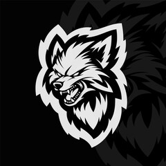 Angry wolf mascot character logo design, black white