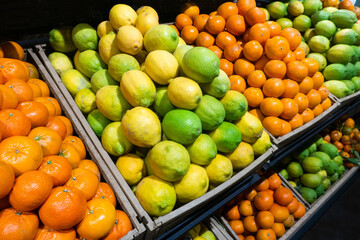 Fresh lemons and mandarins. Colorful citrus fruits. Healthy organic food. Vibrant market display. Juicy natural produce. Freshness and vitamins. Bright tropical fruits. Healthy lifestyle concept.