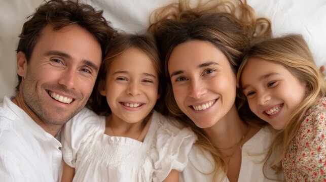 Happy family lying on bed