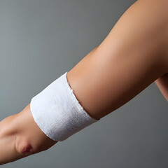 The arm and elbow are covered with gauze to relieve pain.