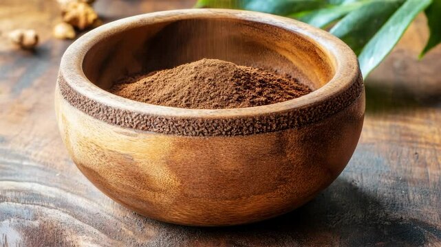 Ground Galangal spice in a wooden bowl on a dark wood table, tropical spices