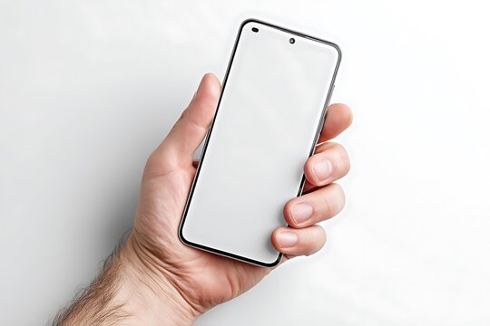 A hand holding a smartphone with an empty screen, isolated on a diffrent collers or white background, showcasing modern mobile technology.
