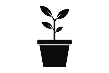 Tiny Plant Sprout In Pot Silhouette vector illustration