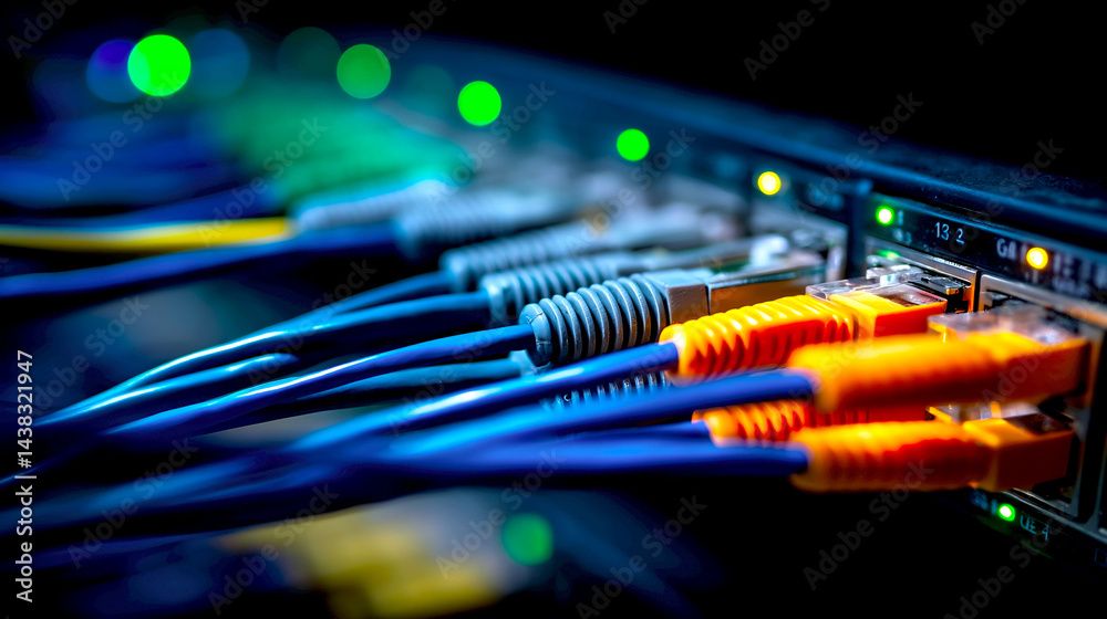 Aufkleber Detailed Image of Network Cables Connected to Server Ports Showcasing Advanced Technology Setup : Generative AI