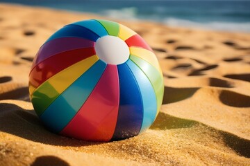 Obraz premium Colorful Beach Ball on Sandy Shore, Summer Vacation Fun