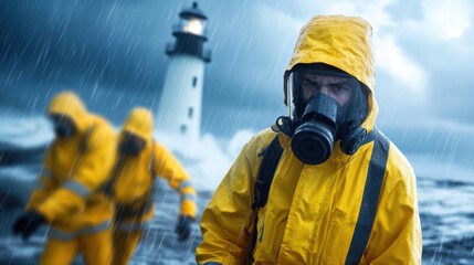 Naklejka premium Team of responders in yellow rain gear working in stormy conditions with lighthouse behind