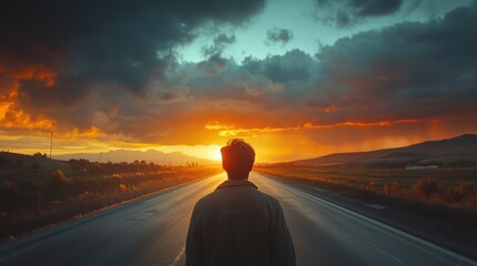 Cinematic scene of a lone traveler walking down an empty highway at sunset, wide-angle shot, dramatic clouds, golden hour lighting, storytelling mood