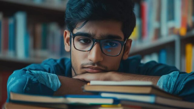 The depicts a young man in glasses, deeply engrossed in his book. He is seated at a table with a stack of books, suggesting an environment conducive to study and research.