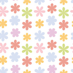 A bright and colorful seamless pattern consisting of a variety of stylized flowers on a white background, the flowers have a simple shape with rounded petals and are available 