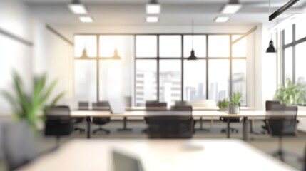 Fototapeta premium Stunning soft focused modern office interior with panoramic windows and elegant lighting
