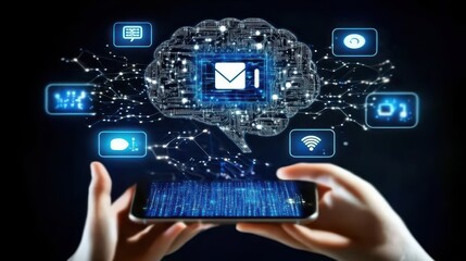 Digital brain interface connected to a smartphone.